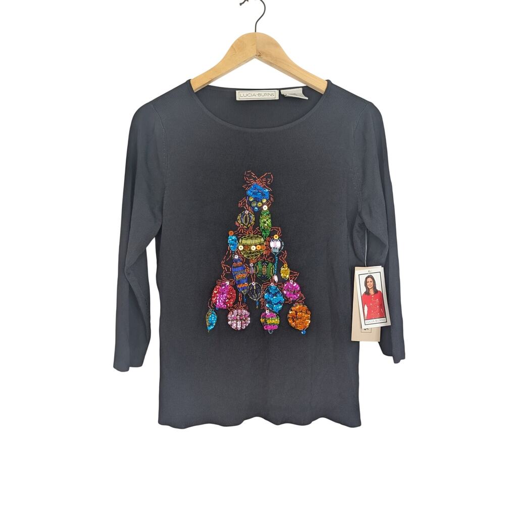 Vintage NWT Lucia Burns Black Beaded Christmas Ornaments 3/4 Sleeve Knit Top